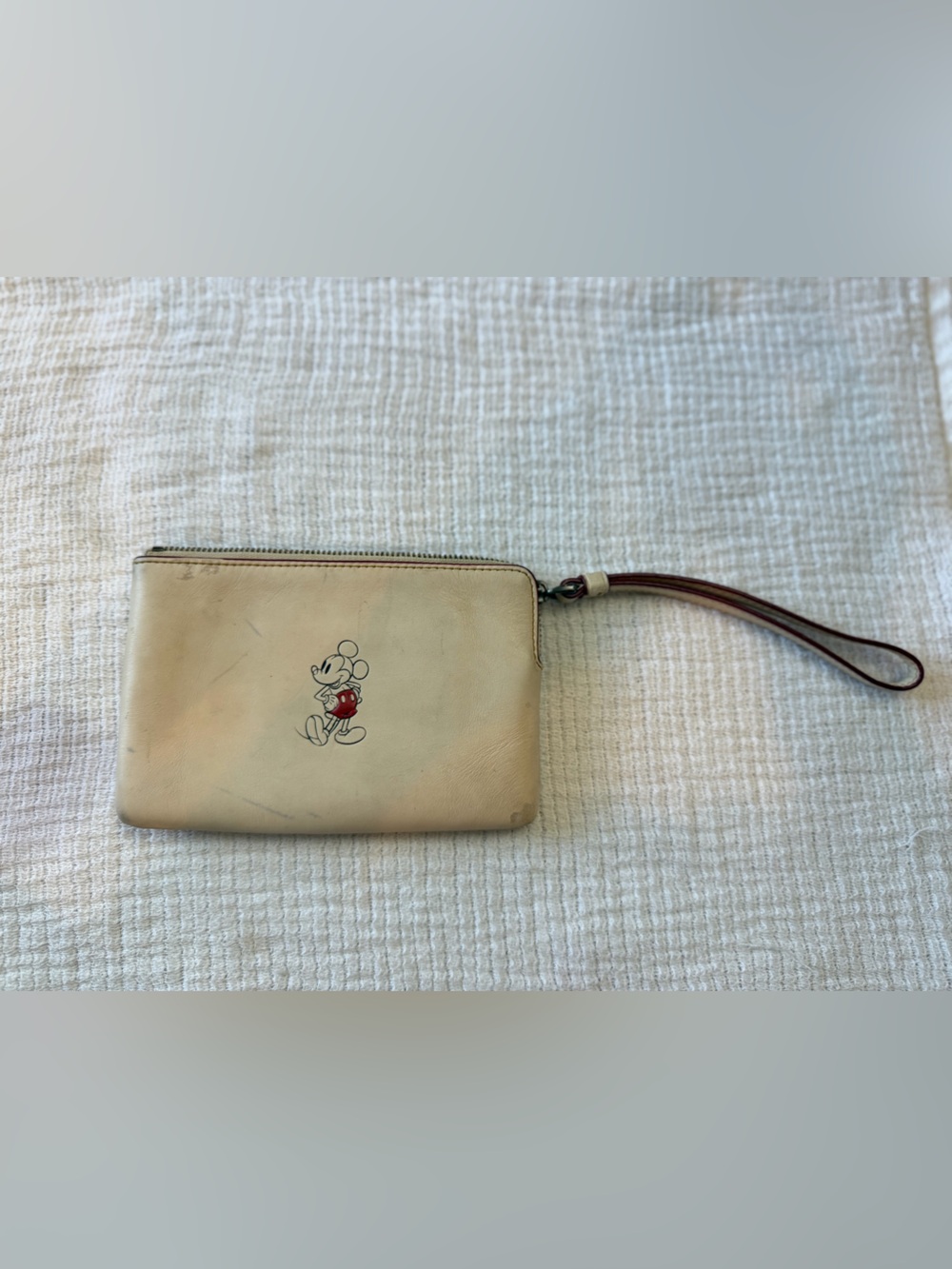 Coach Cream Leather Wristlet with Red Mickey Detail